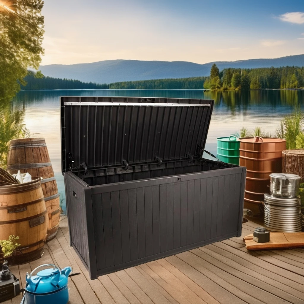 Modern 430L Large Resin Patio Outdoor Wooden Garden Storage Deck Box 430L with Aluminum Bar in lid PP Folding for Packaging Toys