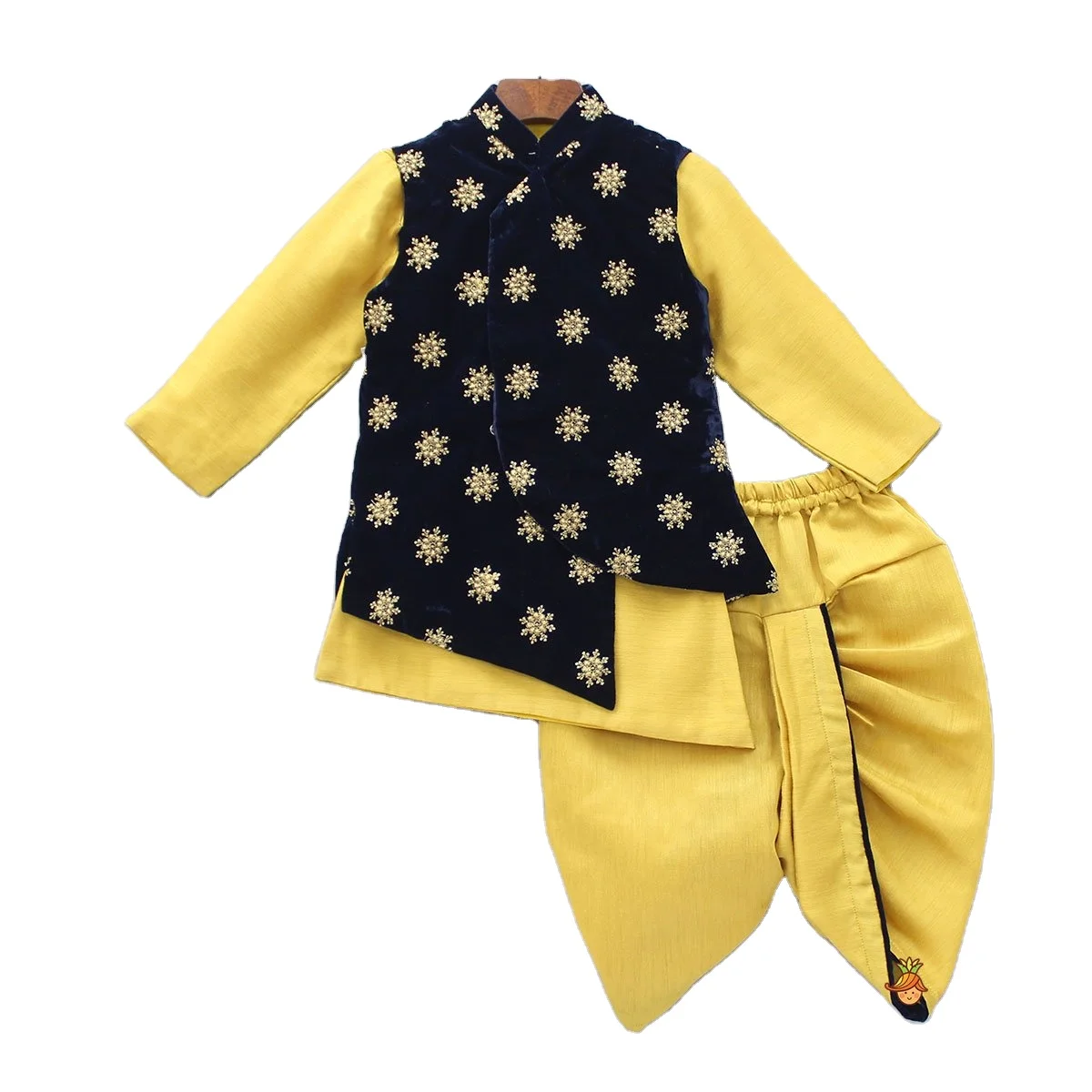 Kids Kurta And Dhoti With Sequin Work Beautiful Embroidered Velvet Jacket Mustard Gold Special Occasion Party