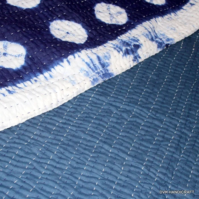 High Quality Cotton Printed Shibori Tie & Die Hand Printed Kantha Quilt Vintage Hand stitched Cotton Blanket Blue Quilt