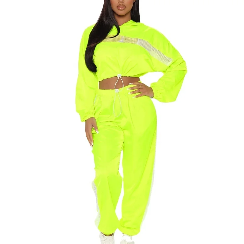 Long Sleeve Pullover Neon Cropped Jacket Women Drawstring Waistbreaker Jogger Pants Sefffffh