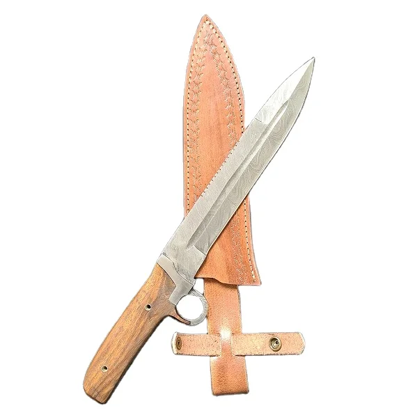 custom handmade Damascus steel hunting knife with leather sheath