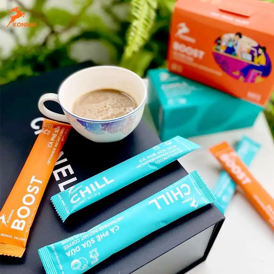 DETECH KONNAI VIETNAM 4-in-1 Robusta Instant Coffee Mix 15 Sticks x 16g Sweet Taste with Coconut Milk Flavor Box Packaging
