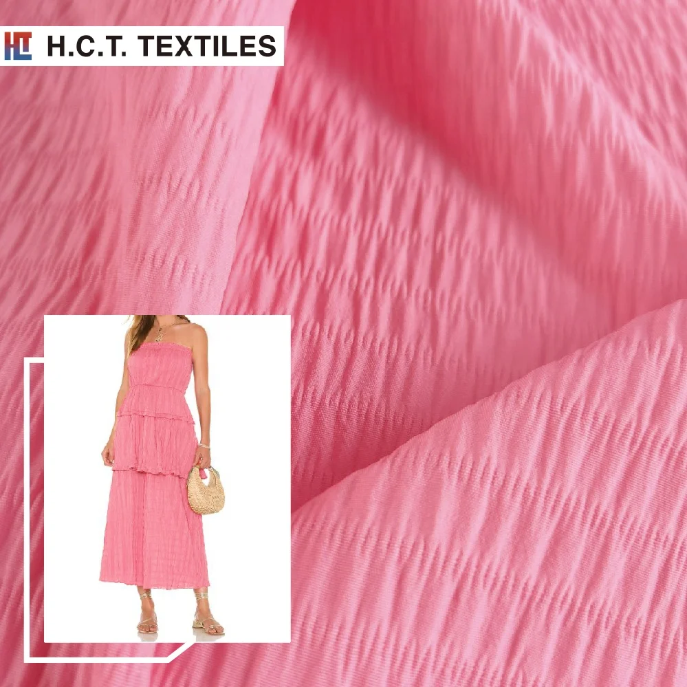 Подиумный дизайн розовый текстиль 140 г полиэстер спандекс seersucker смоченные платья ткань