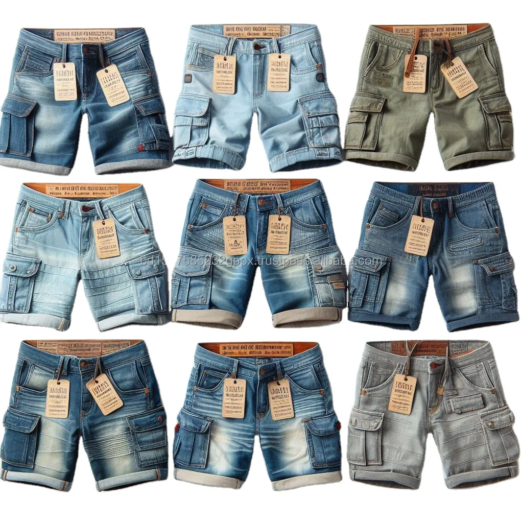 Trendy Dark Washed Denim Cargo Shorts High Quality 8 Pockets Vintage Style Smart Casual for Summer Streetwear Customized Labels