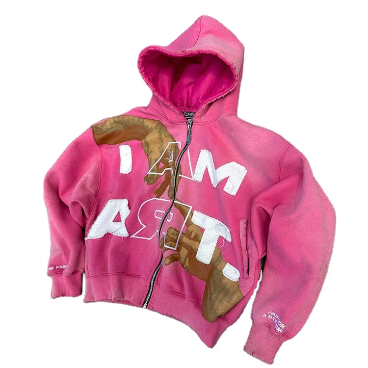 Unisex Custom Cotton 500gsm Heavyweight Hoodie Acid Wash Distressed Embroidery Applique Patch Zipper OEM Lining French Dye