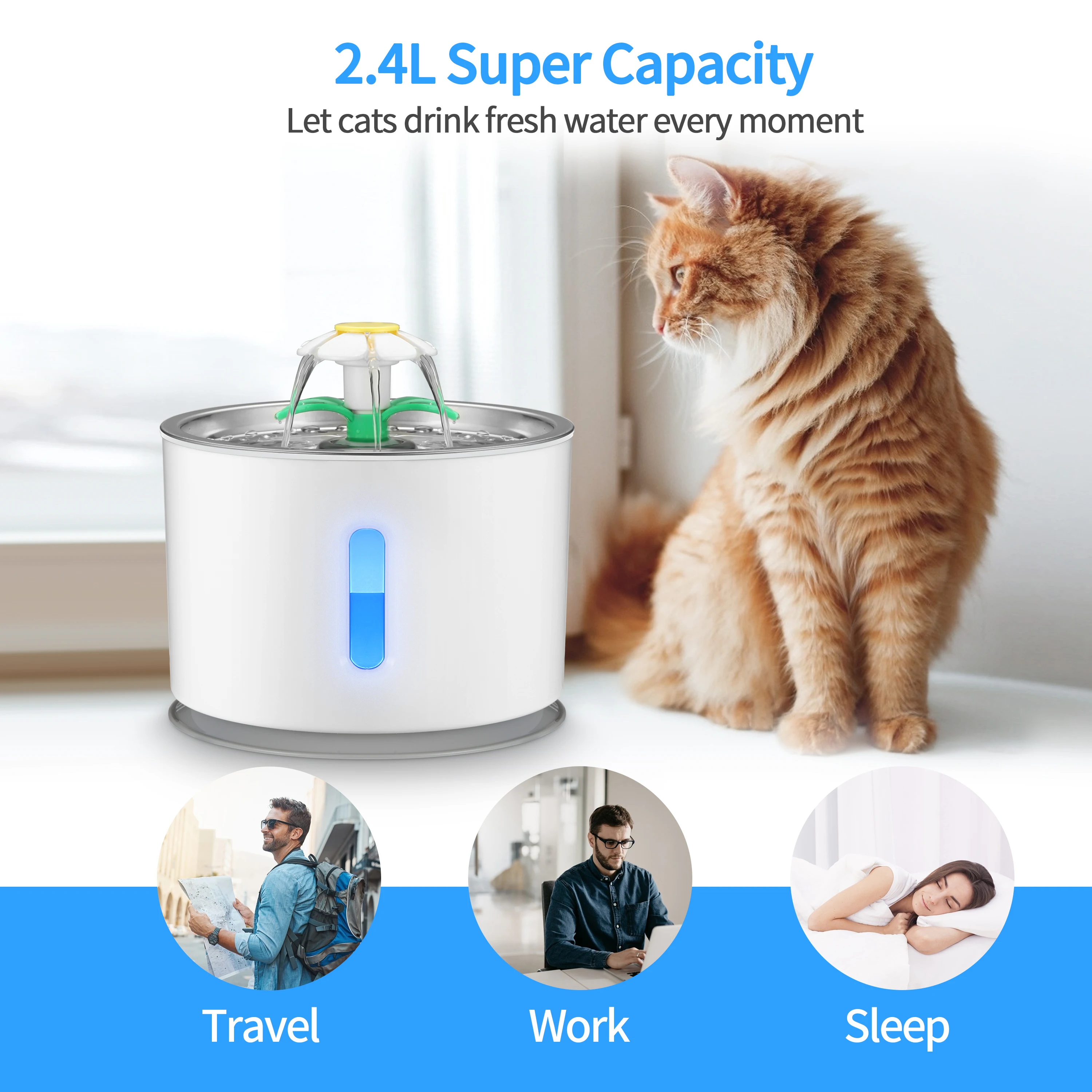 Petwant 2.4L 3 Filters Stainless Steel Smart Cat Fountain Silent Pump Water Shortage Alert Automatic Pet Water Dispenser