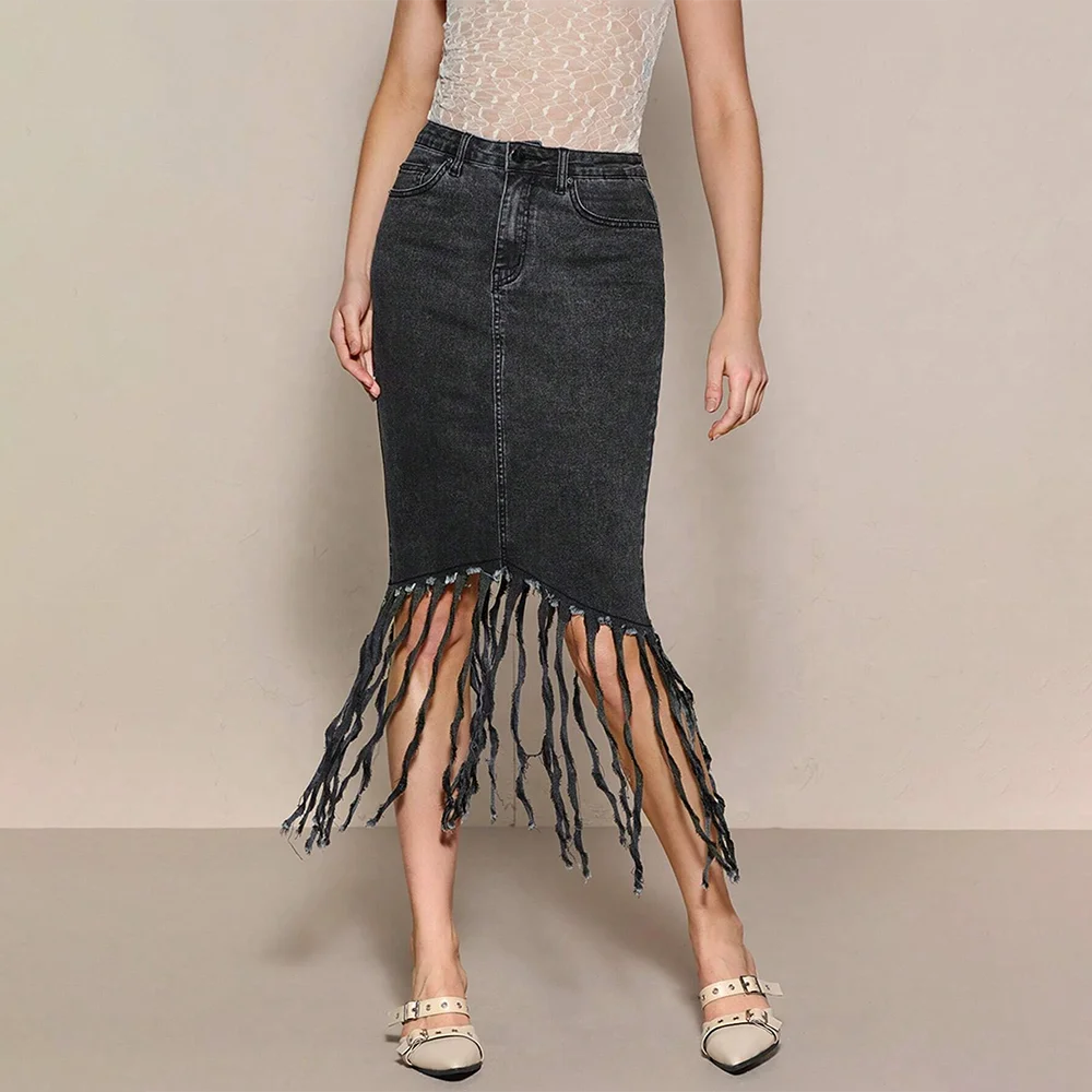 GDTEX custom denim tassel skirt women summer long jean skirts women jean skirts