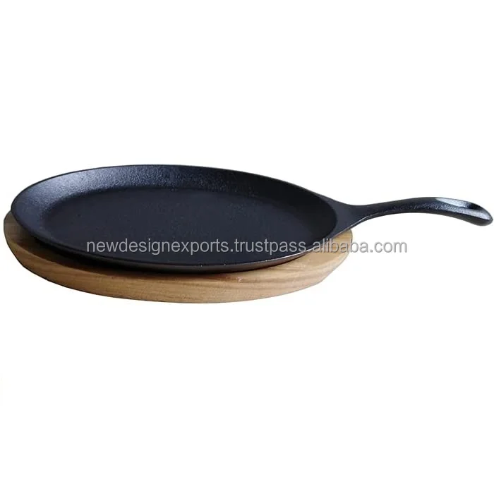 Cast Iron Fajita Plate Sizzler Pan with Wooden Tray
