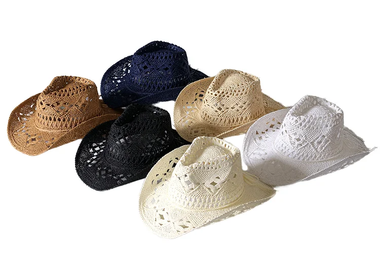 Unisex American Style Cowboy Hat Spring Summer Hand-Woven Straw Jazz Hat Hollow Design Breathable Cool Fishing Outdoor