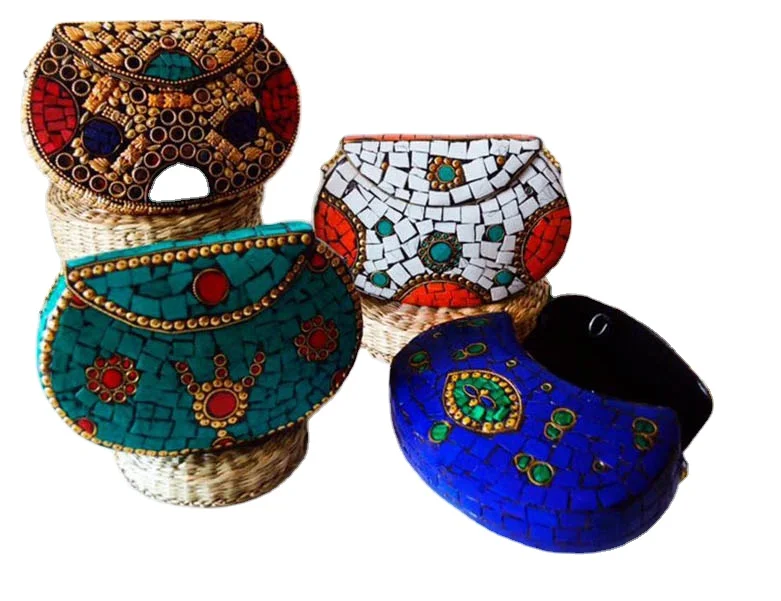 Hot sale mobile holder assorted designs & colors mosaic stone metal clutch box bag