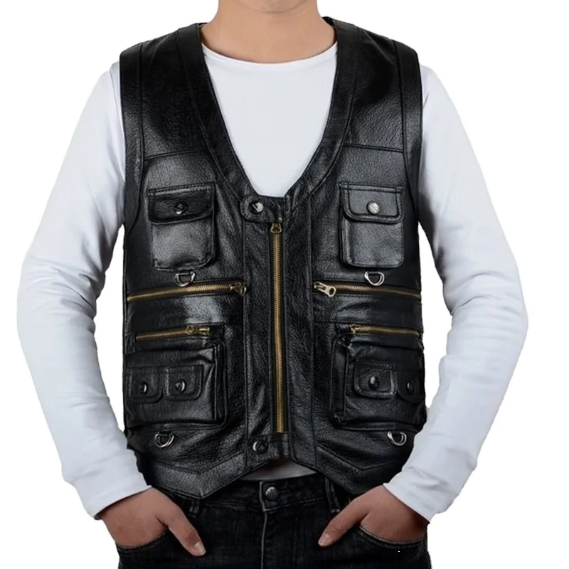 Cowhide Genuine Leather Vest Men Brown Waistcoat Male Sleeveless Jacket Thick High Quality Vest Multi Pocket