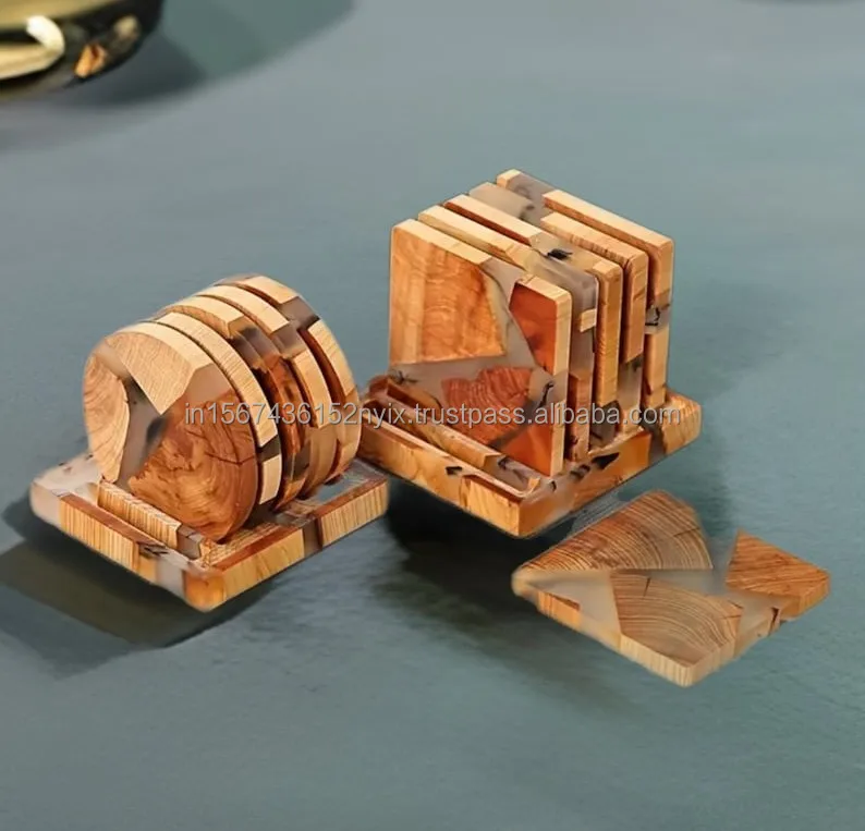 Transparent natural wood and epoxy resin coasters set
