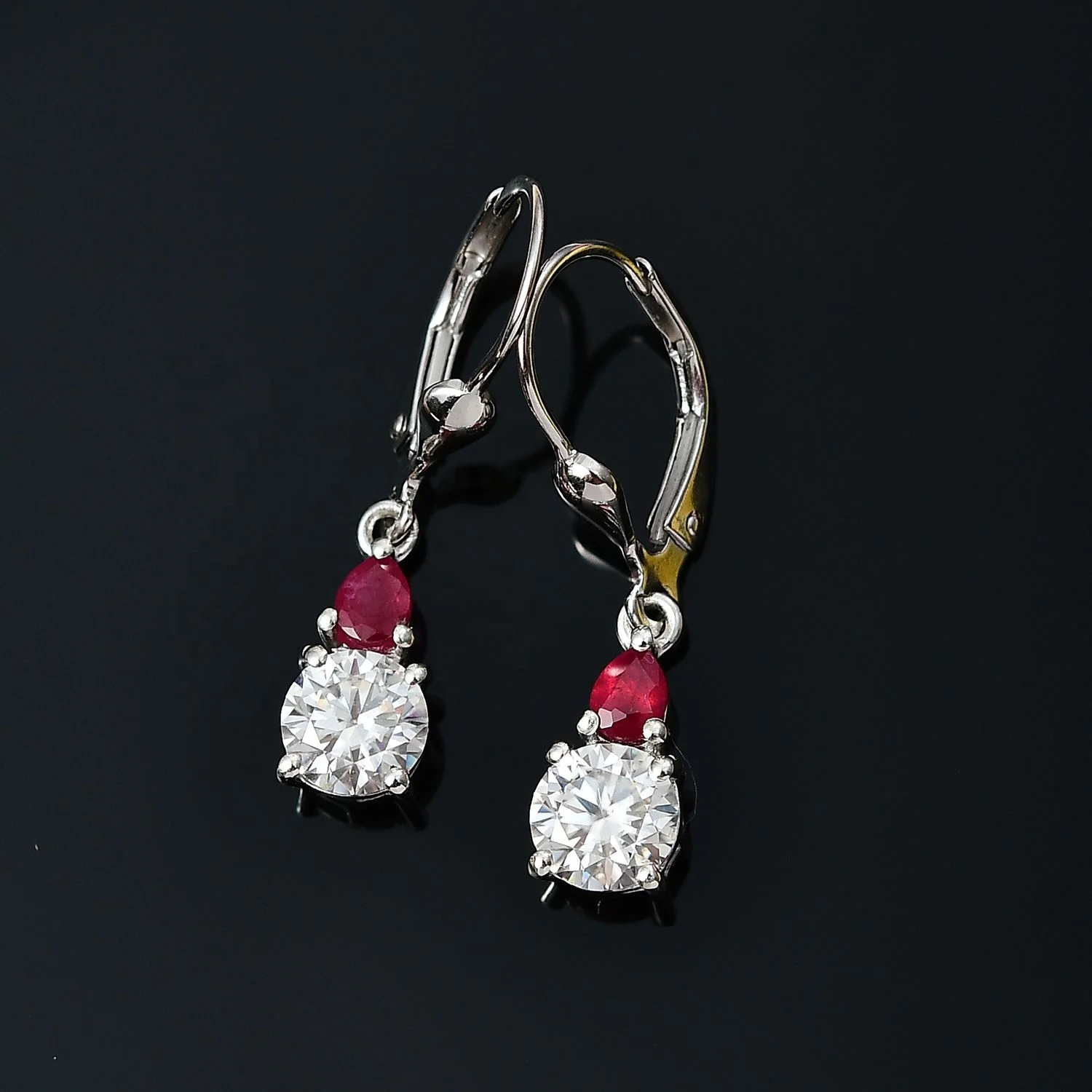 Moissanite and Niassa Ruby (FF) Lever Back Earrings in Platinum Over Sterling Silver High Quality Wholesale Earrings Jewelry