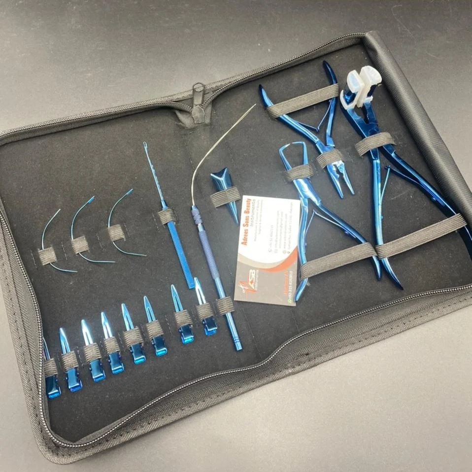 Blue Plasma Tape In Hair Extension Pliers & Thread tools Kit With Hair Parting Section Clips Needles Pulling Hook Loop Scissor