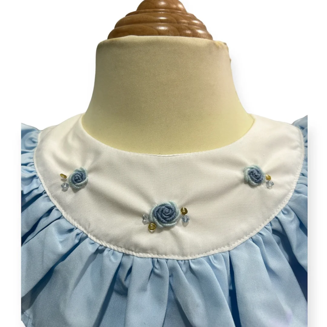 2024 Custom Color Baby Embroidery Dress Summer Cap Sleeve Pleated Ruffle Cotton Kids 1-12 Yrs Casual Girls Clothes Daily-Azure