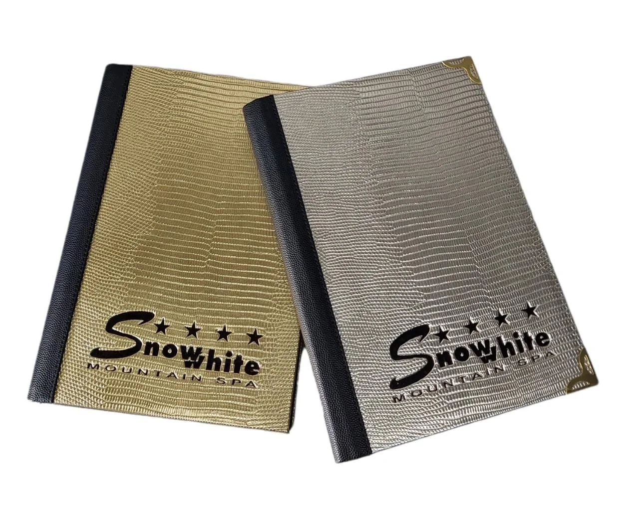 Shiny Lizard design Golden leatherette material menu folder for restaurants table with black embossed logo From India