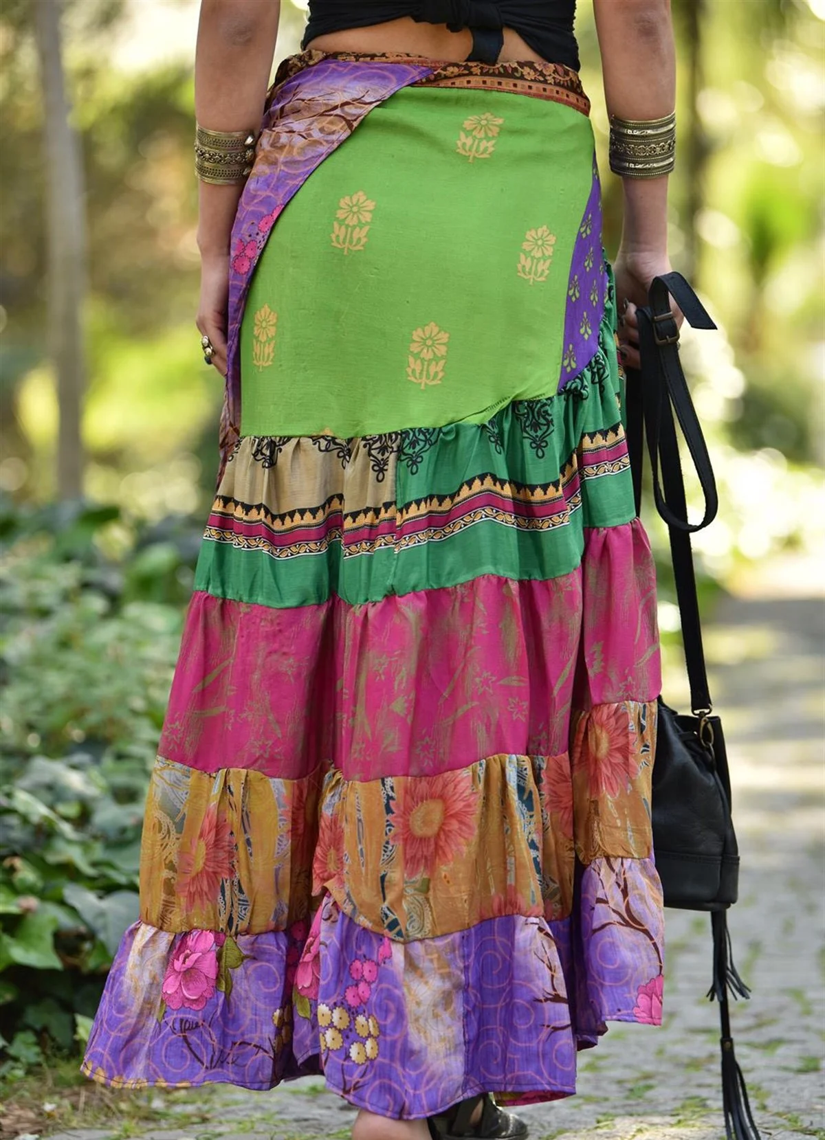 Multicolored Women Wear Indian Sari Silk Frill Skirt