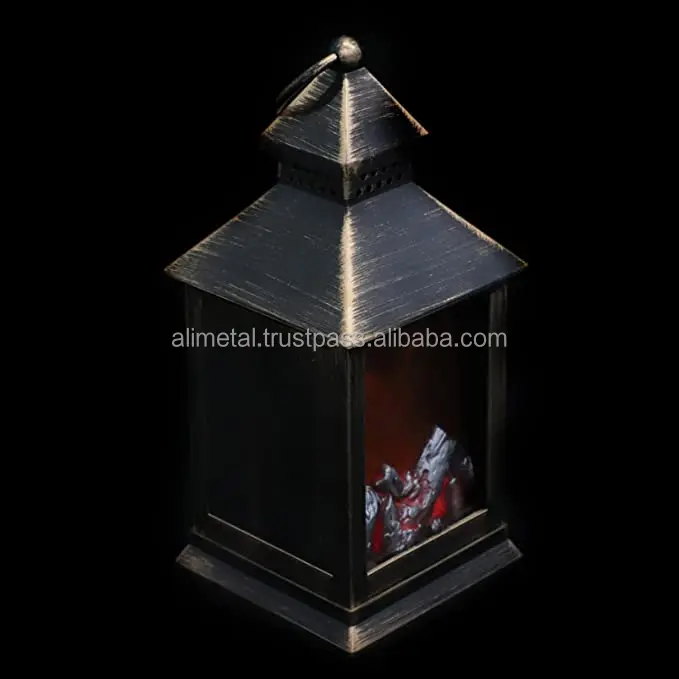 Vintage Christmas Lantern Fireplace Flickering Lantern Tabletop Night Light Christmas Holiday Hanging Decor for Indoor Yards