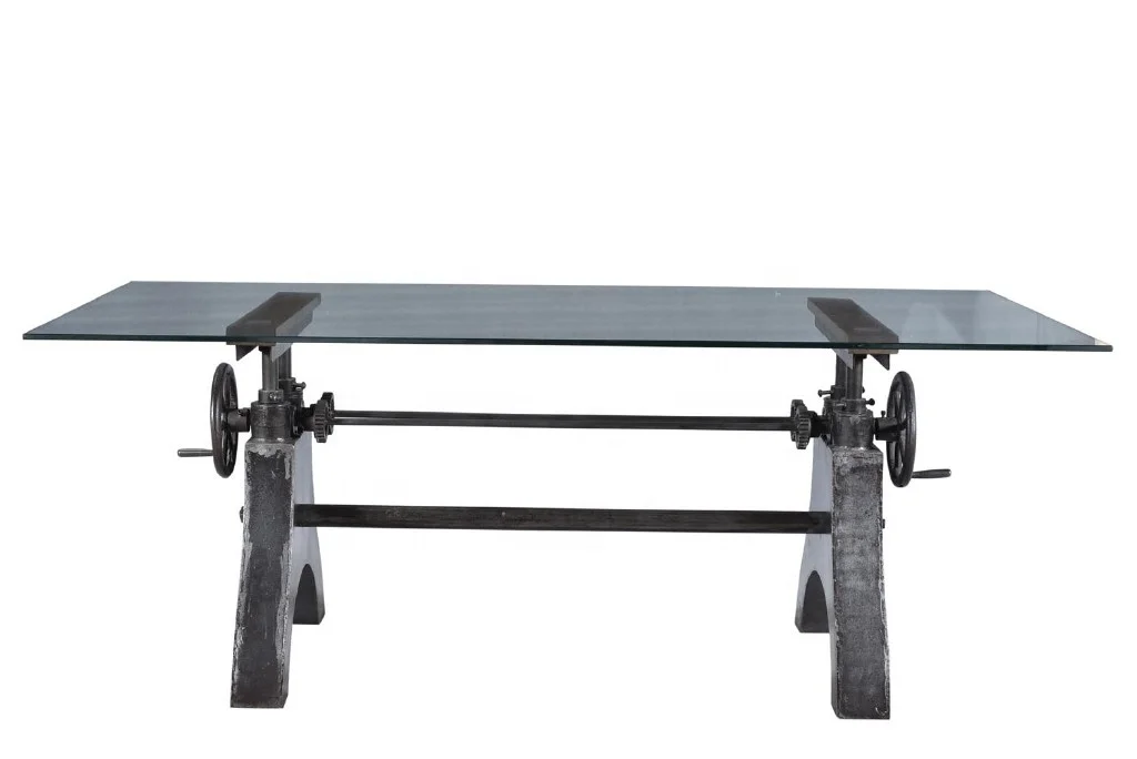 Винтажный промышленный обеденный стол со стеклянным механизмом Jodhpur деревенский регулируемый с коленчатым индийский