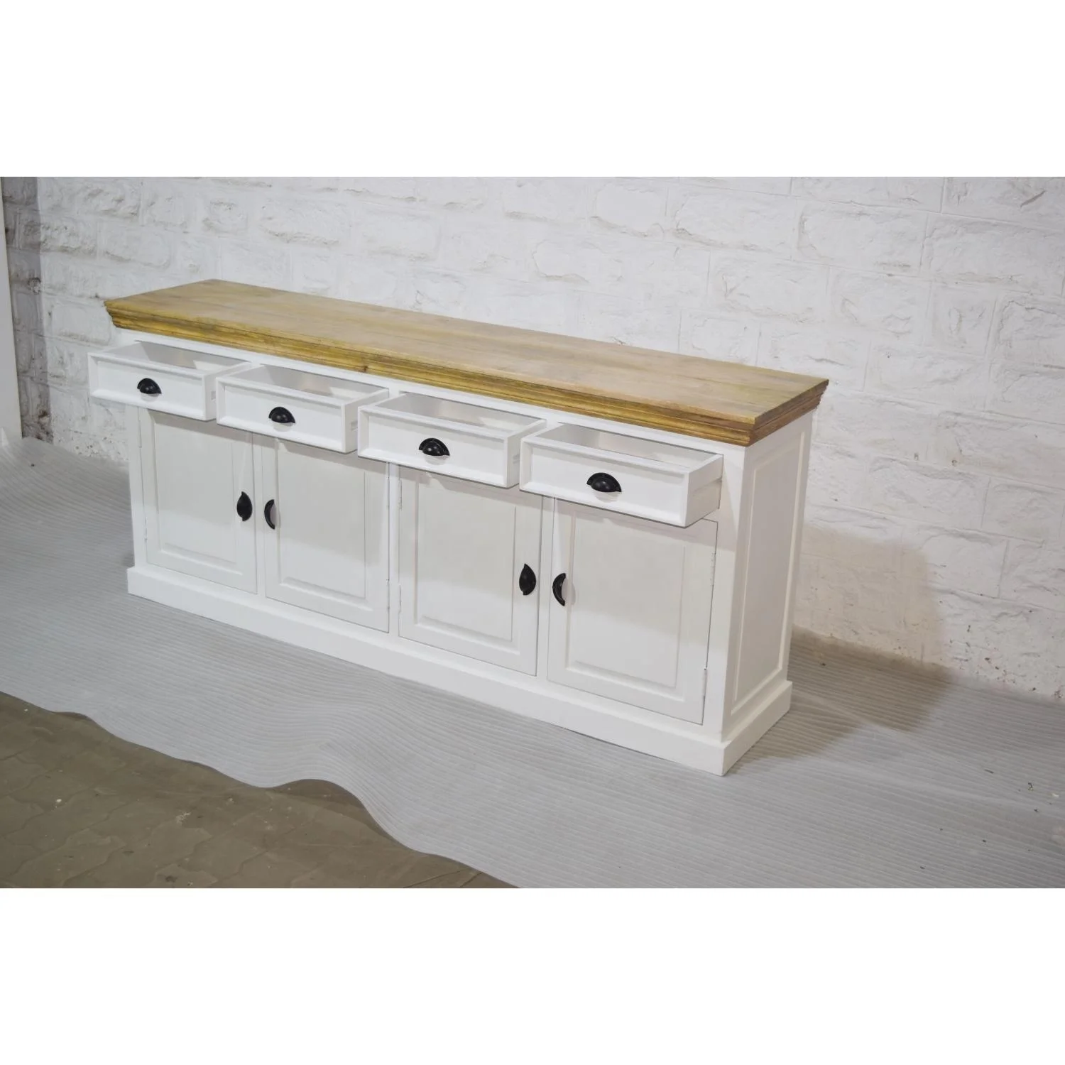 Classic French White & Brown Top Long Storage Drawer Sideboard for Kitchen Dining Living Room or Workshop