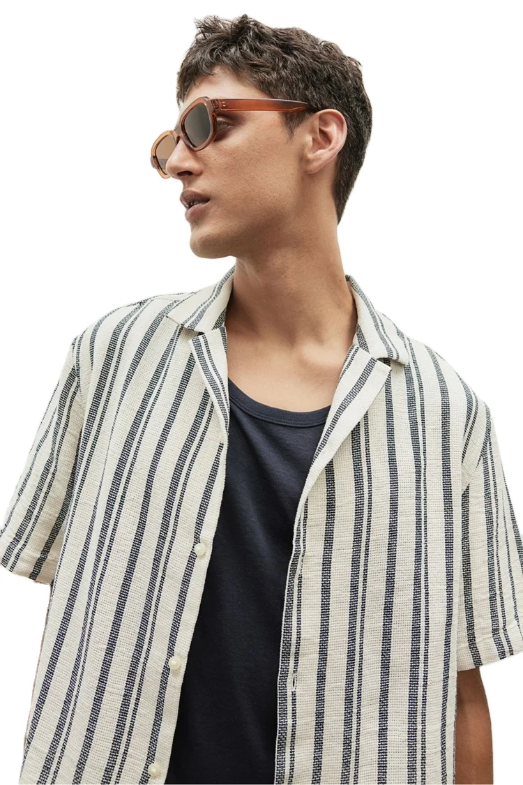 Regular Fit Striped Black& Beige Half Sleeve Breathable High Trending  100% Soft Cotton Front Chest Pocket Collar Shirts For Men
