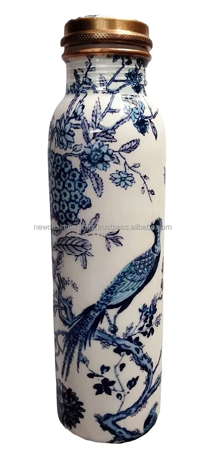 Бутылка для воды из чистой меди премиум-класса с принтом Meena офиса и Аюрведического пользования здоровья (1000 мл) дизайн павлина