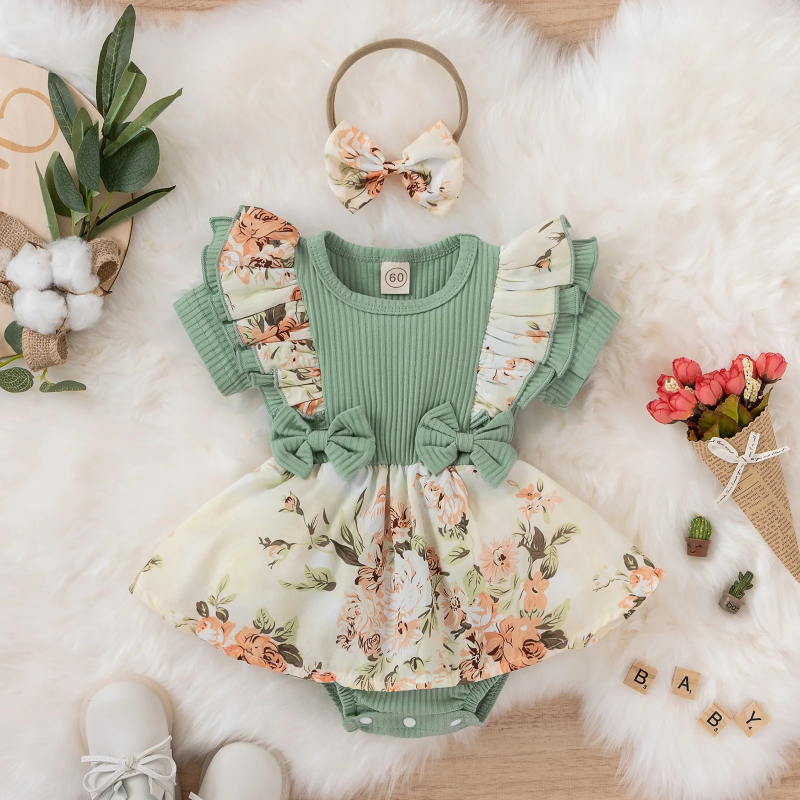wholesale Baby Girls Dress Set Ruffle Summer Romper Short Sleeve Bow Skirt Cotton Baby Girl Romper
