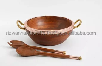 Wooden material Salad Bowl Enamel Coated with Wooden Salad serving Spoon, salad server