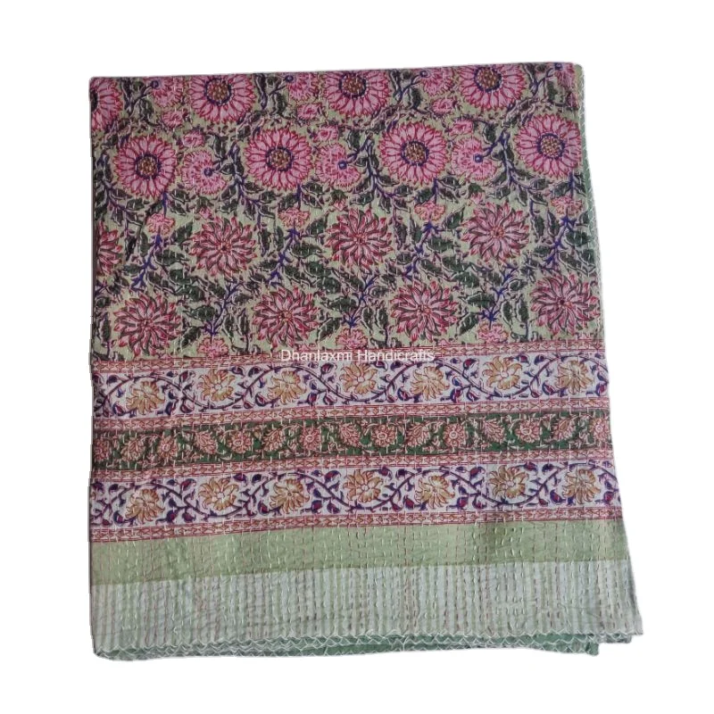 Green Indian Handmade Sunflower Print Cotton Kantha Quilt Beautiful Floral Wholesale Kantha Bedspread