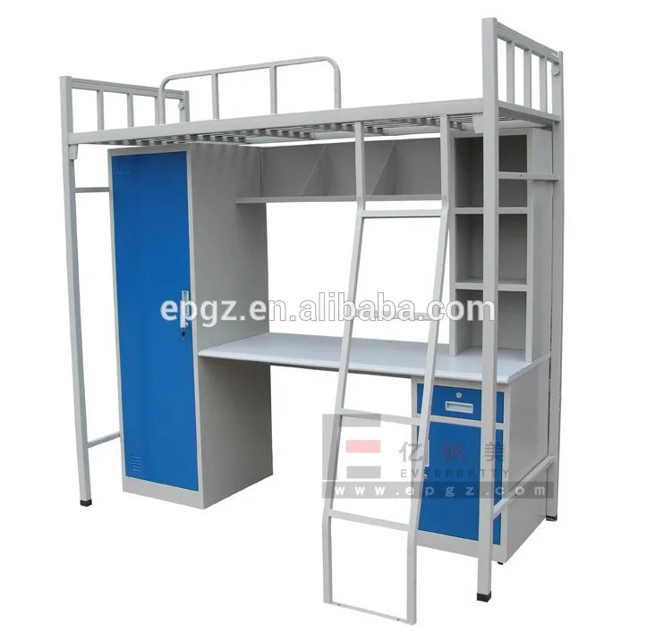 Hostel Dormitory Furniture Bunk Bed with Table and Wardrobe Metal Loft Bed for Adult