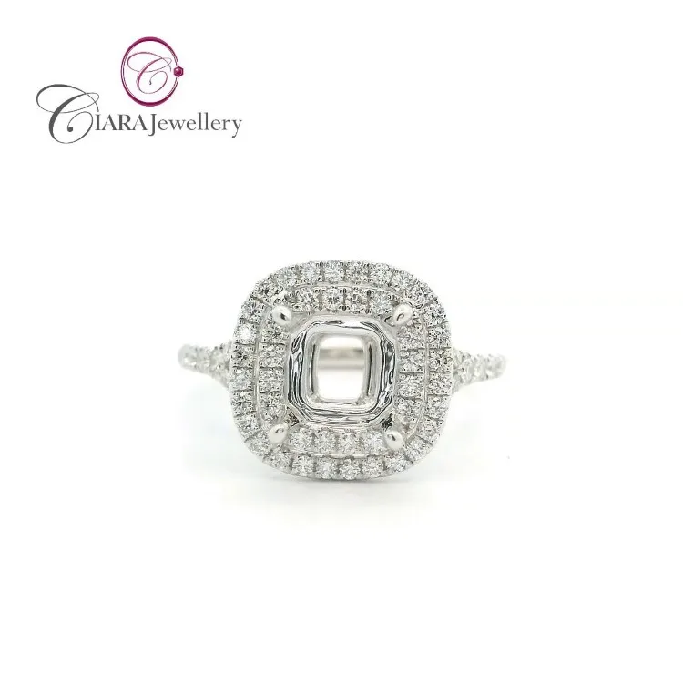 CLASSIC 18K AU750 SOILD WHITE GOLD REAL NATURAL DIAMOND CUSHION RING MOUNT