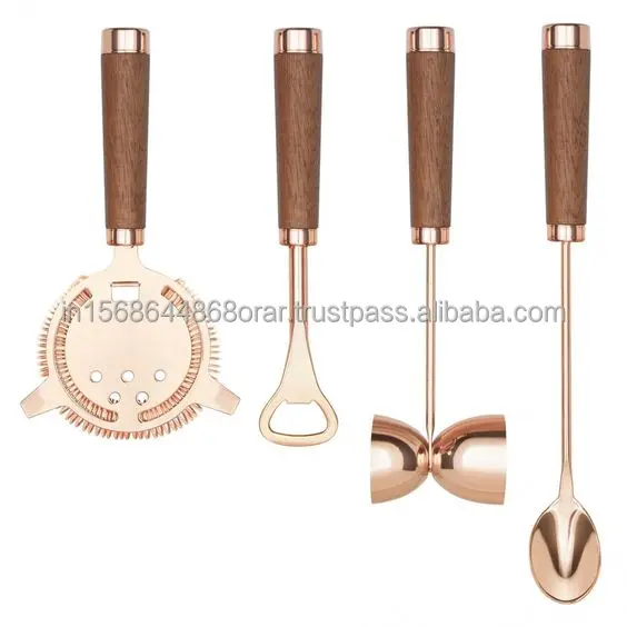Cocktail Bar Accessory Set 5pc Stainless Steel/Wood/Marble Hanging Tools with Strainer-Opener-Spoon-Peg Measure Copper Design