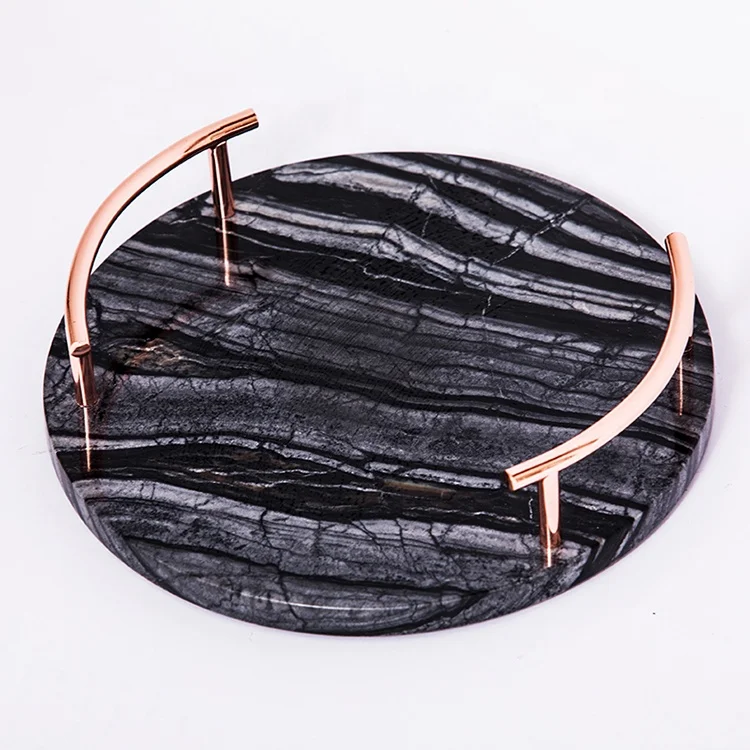Storage Serving Tray Hotel Restaurant Marble Board Style Round Marble with OEM Metal Stone Sculpture 2021 New Home Black