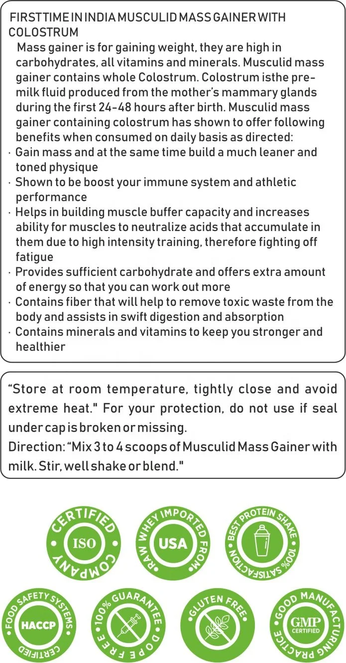 Musculid Mass gainer protein powder with extra rich chocolate flavor/New complete nutritional formula Mass gainer protein powder