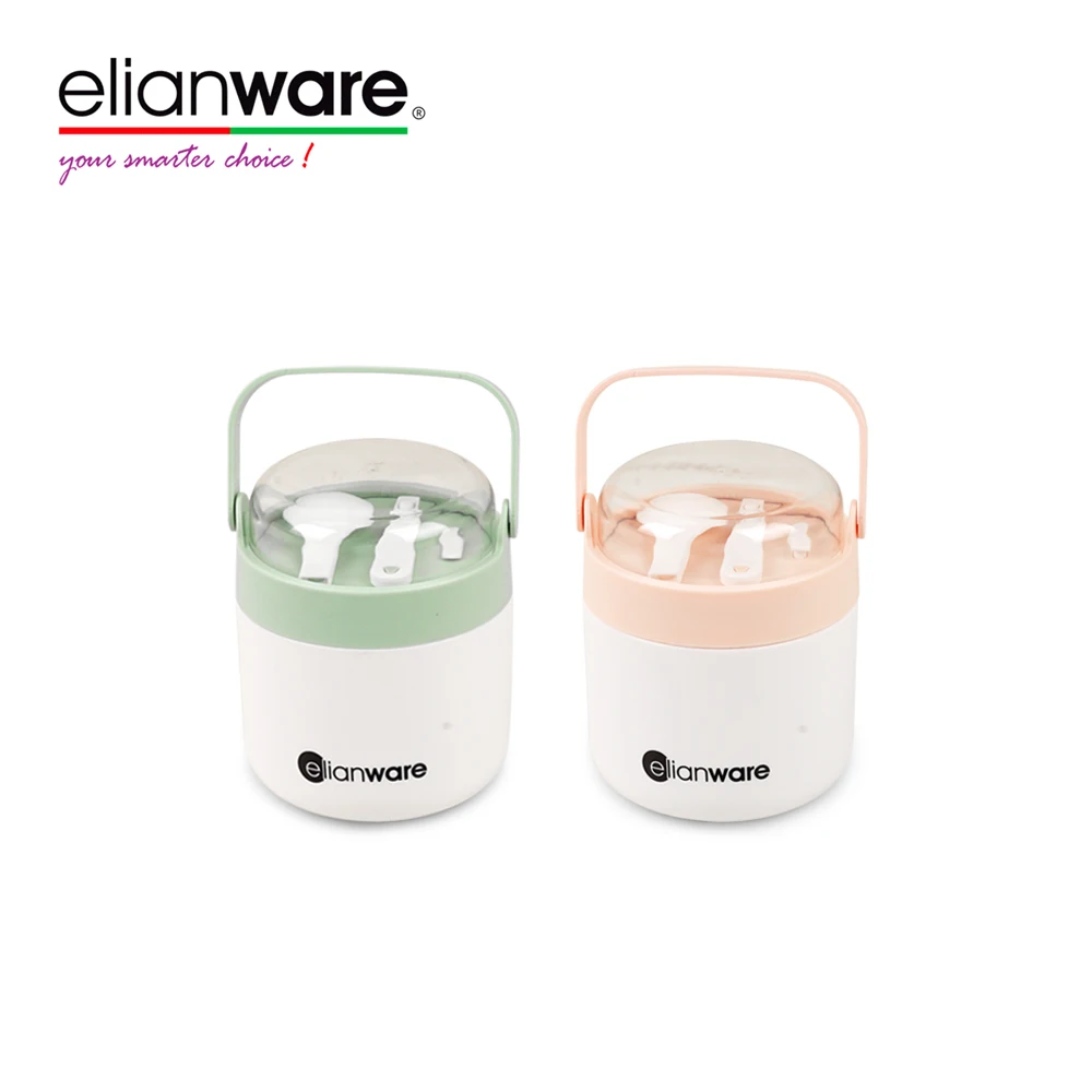 Elianware Insulated BPA FREE Plastic Round Shape Portable Thermal Lunch Food Jar with Convenient Handle and Extendable Spork