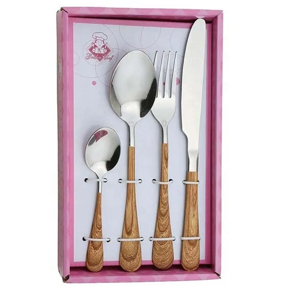 Stainless steel cutlery set of 24, vintage fork knife spoon and tea spoon tableware with wooden color coating handle for gift