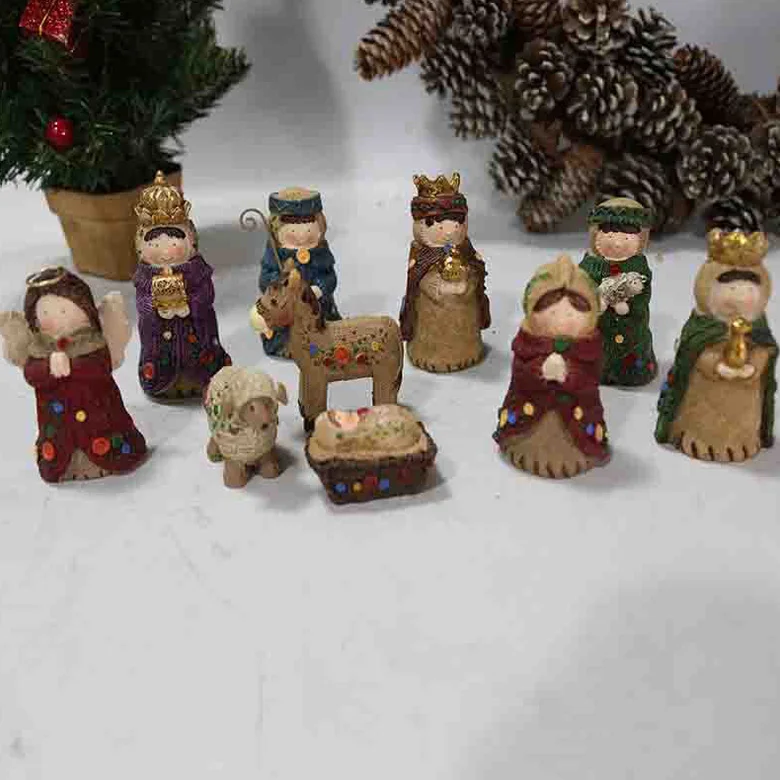 Custom Miniature Rustic Kids Christmas Nativity Scene Figurine set Small Decorative Religious Christian Figurines Jesus Manger