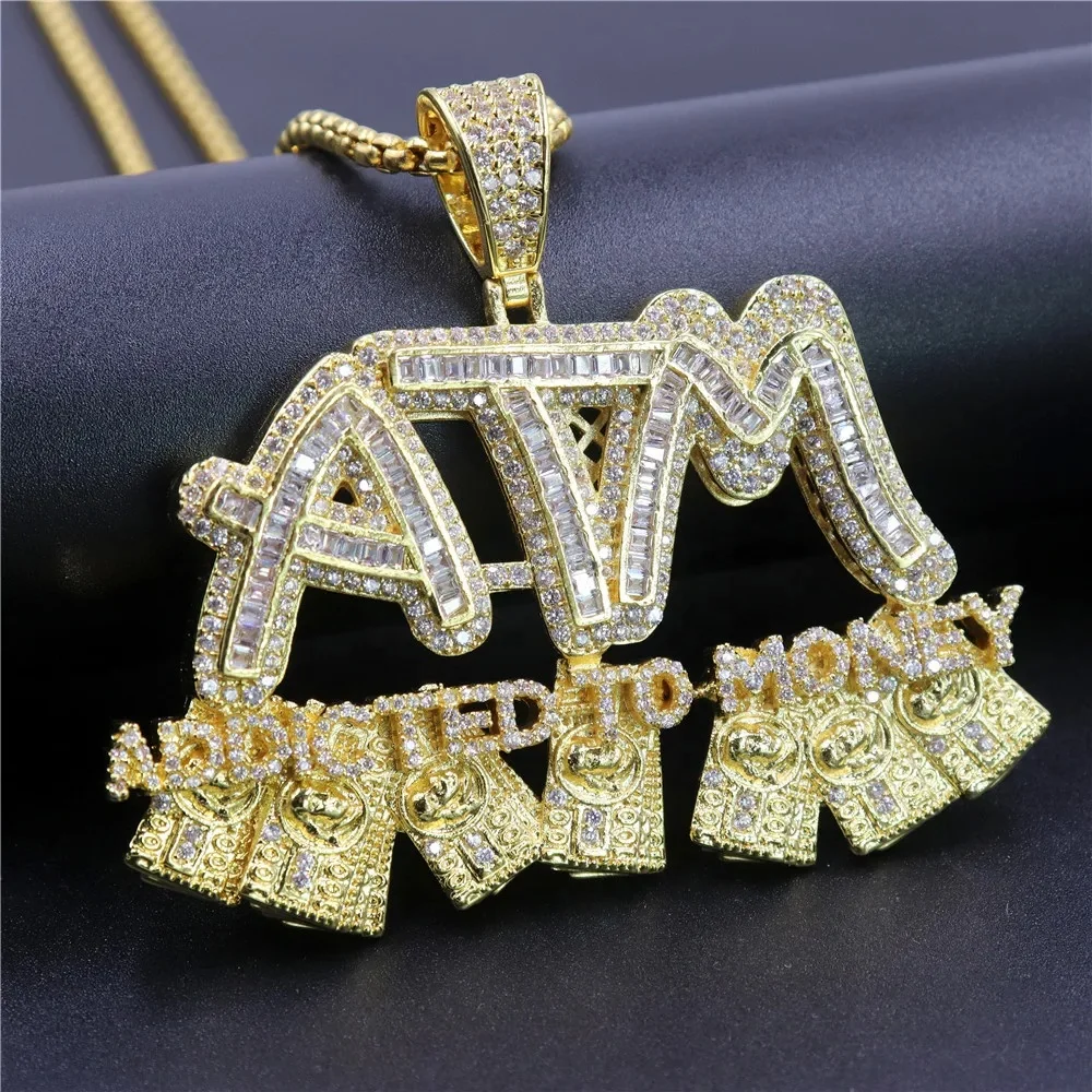 Customized Name ATM diamond pendant Religious Word Diamond Gold Pendant Round Emerald Diamond 10kt White Solid Yellow Gold