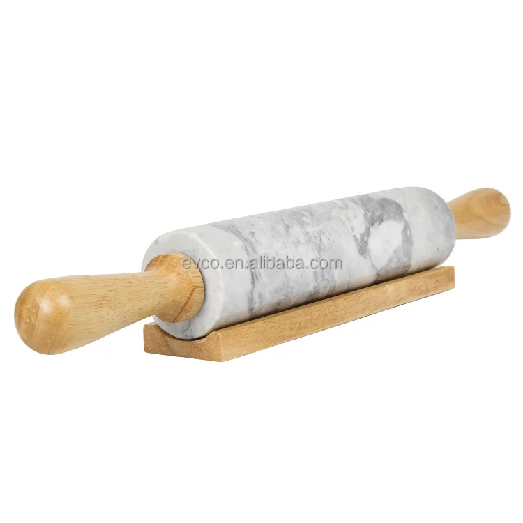 Natural White Marble Rolling Pin with Deluxe Wood Handles and Cradle