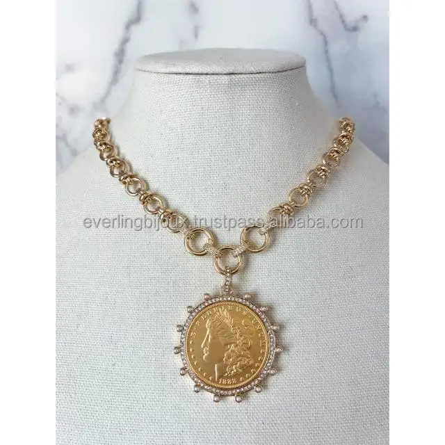 Vintage Coin Necklace Gold Statement Gold Chunky Large Coin Pendant XL Coin Pendant Necklace for Jewelry