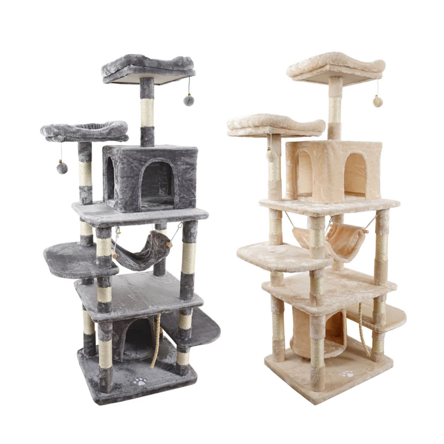 Gray beige color large wood multi level cat furniture scratching sisal post cat tree tower
