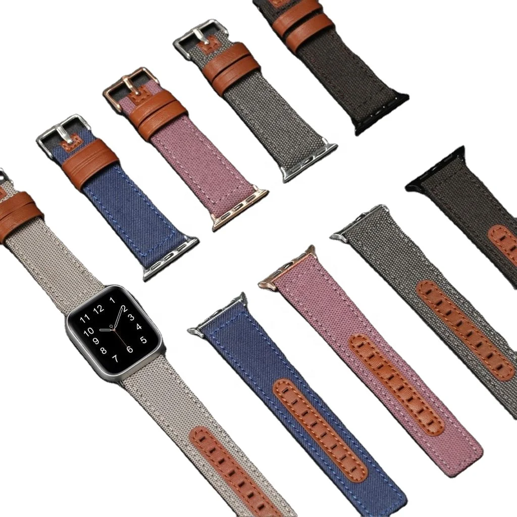 Thick Twill Woven Fabric Dual Tone Leather Trimmed Smart Watch Strap for Apple Watch Strap Series 7