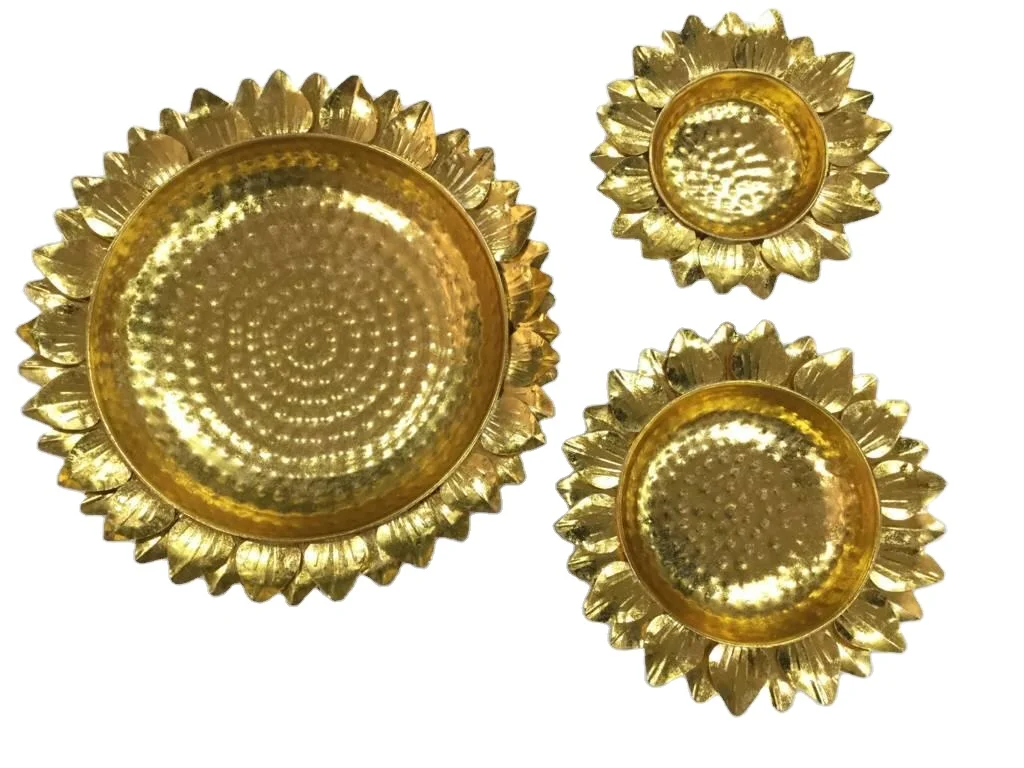 Iron platter in gold colour with design of line on lotus leaves and multiple shades of colour Diwali item new designee