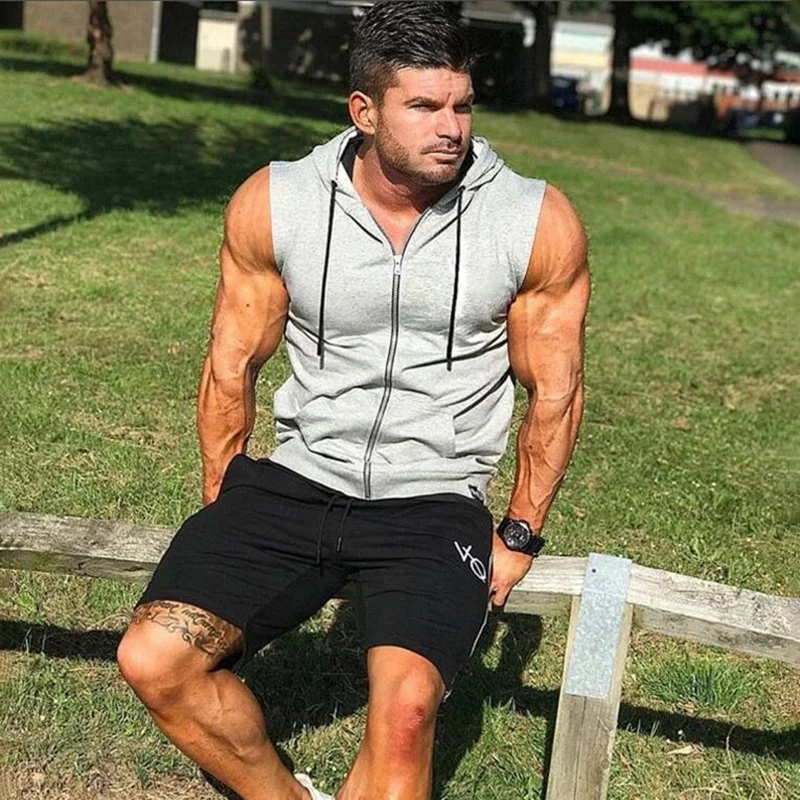 Hot sales Custom Logo Printing 2022 Streetwear Zipper Up Sleeveless Gym Hoodies For Men vest Gym Vest Hooded Vest Tank Top Crop