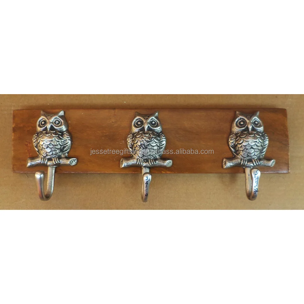 Metal & Wood Wall Mounted Hook With Antique Silver & Natural Wood Polish Finishing Elephants Shape For Organization Set Of Three