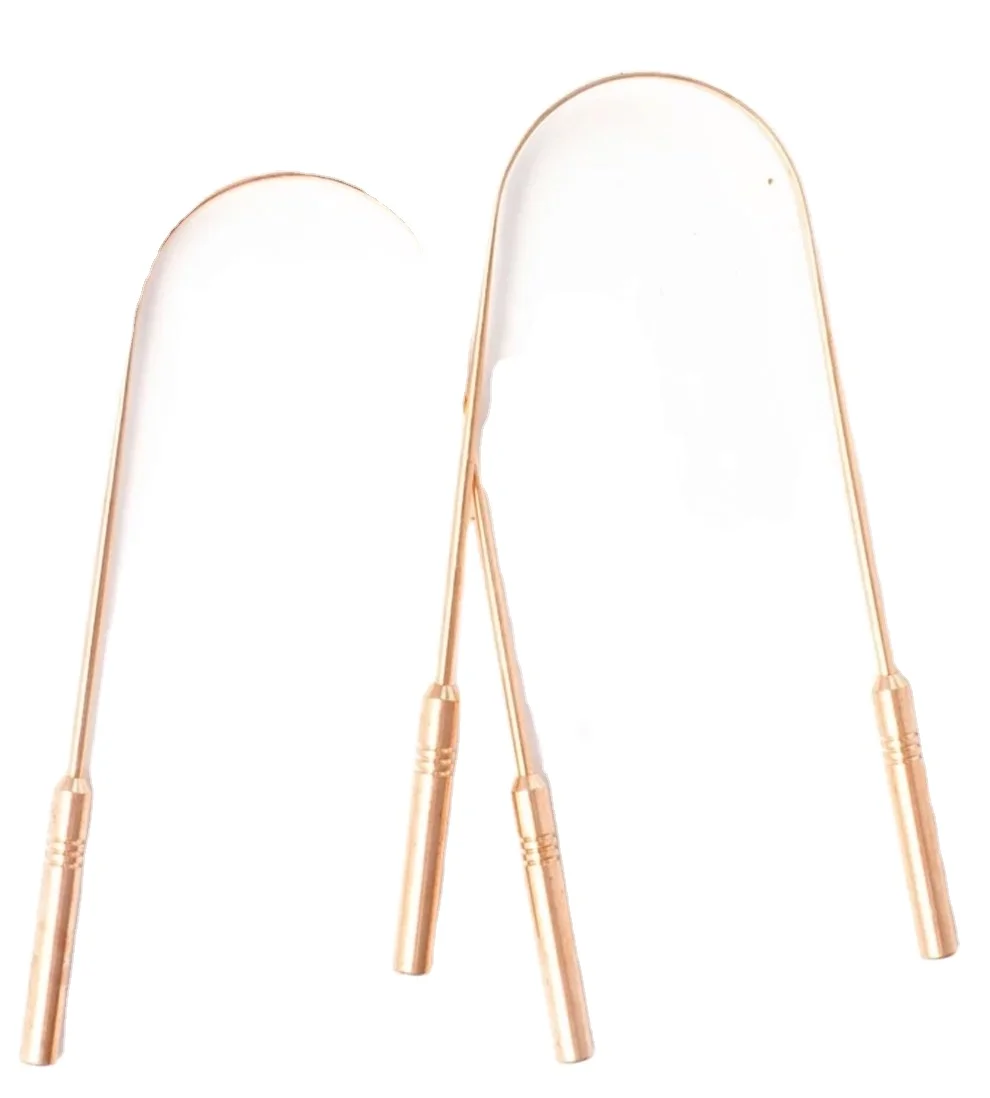 
100% pure copper custom logo copper tongue scraper ayurveda copper tongue cleaner with hand grip and cotton bag 