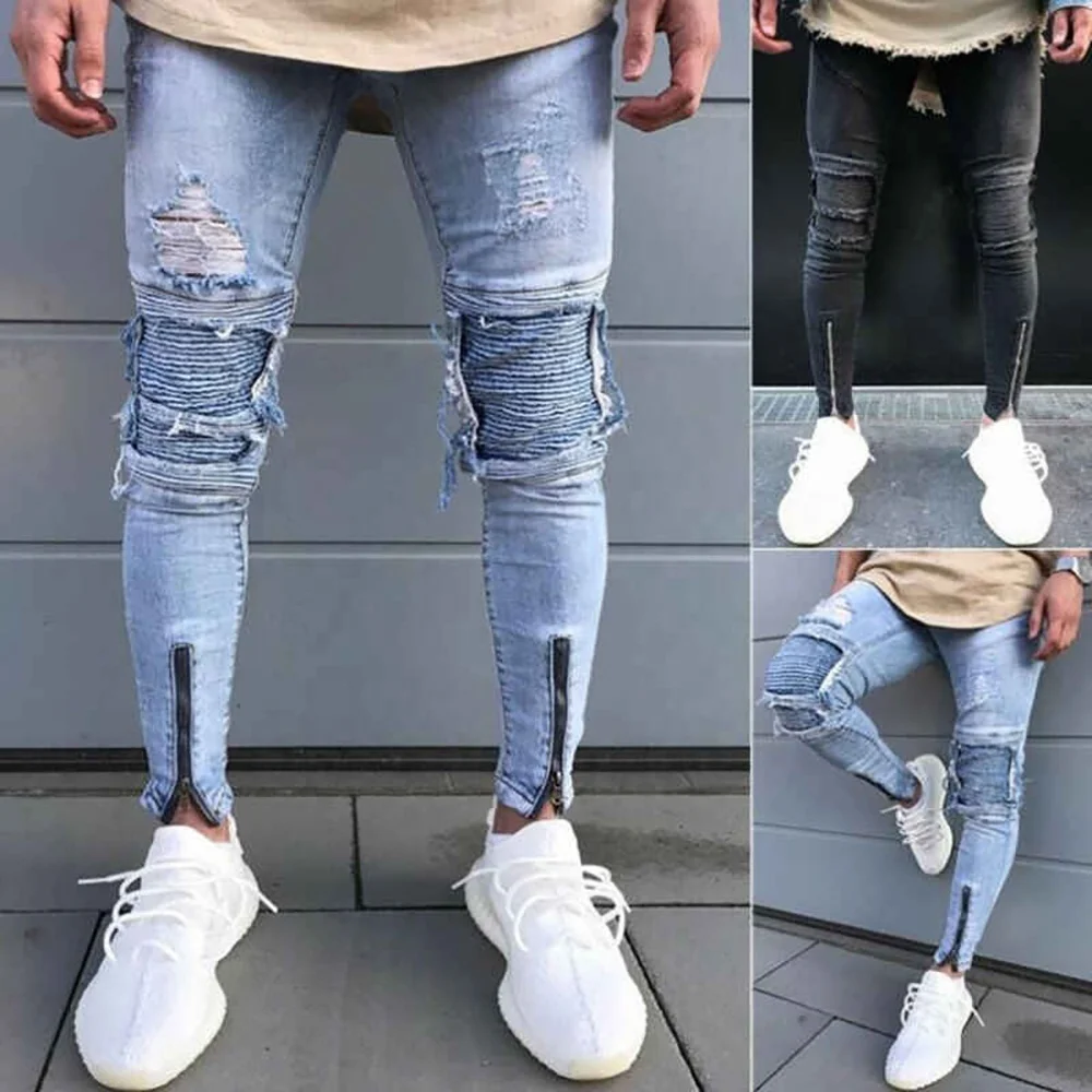 Cotton Slim Casual Zipper Fly Denim Pant boys Skinny Plus Size Mid-waist Jeans For Men