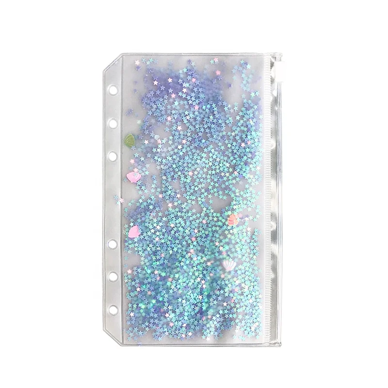 Binder pvc pockets glitter holes zipper folders a6 size notebook binder loose leaf bags waterproof pouch document filing