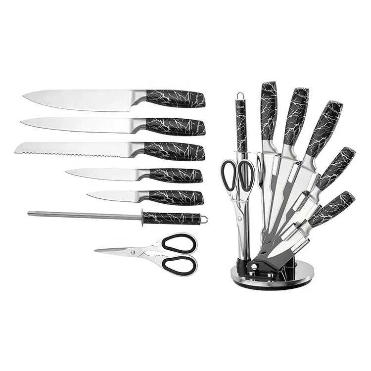 Fashion marble design hollow handle kitchen knife set in acrylic holder high quality chef knife sharpener shears extra sharp