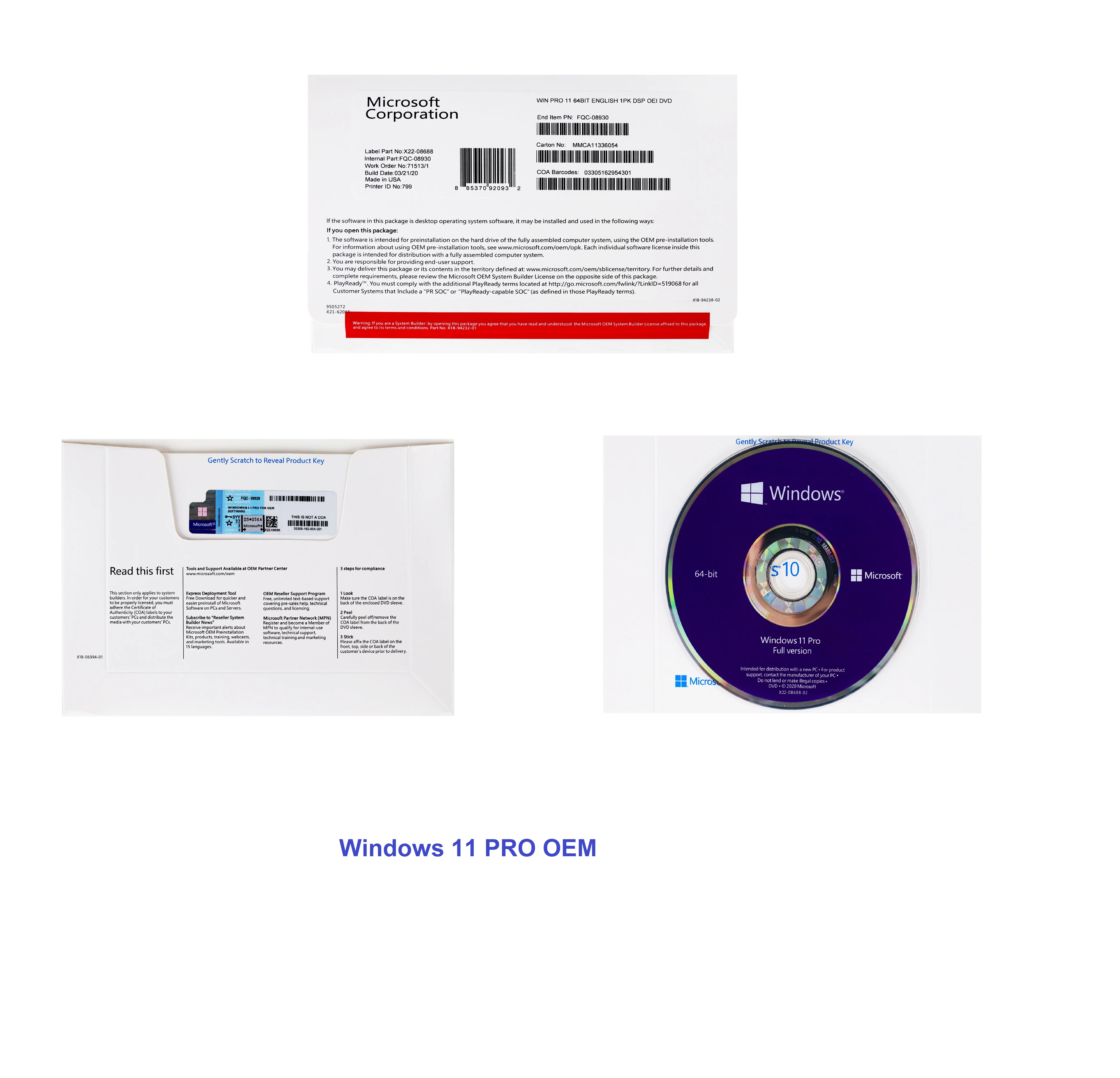 Microsoft windows 11 Pro key 64 bit DVD OEM Package windows 11 professional FPP coa sticker english